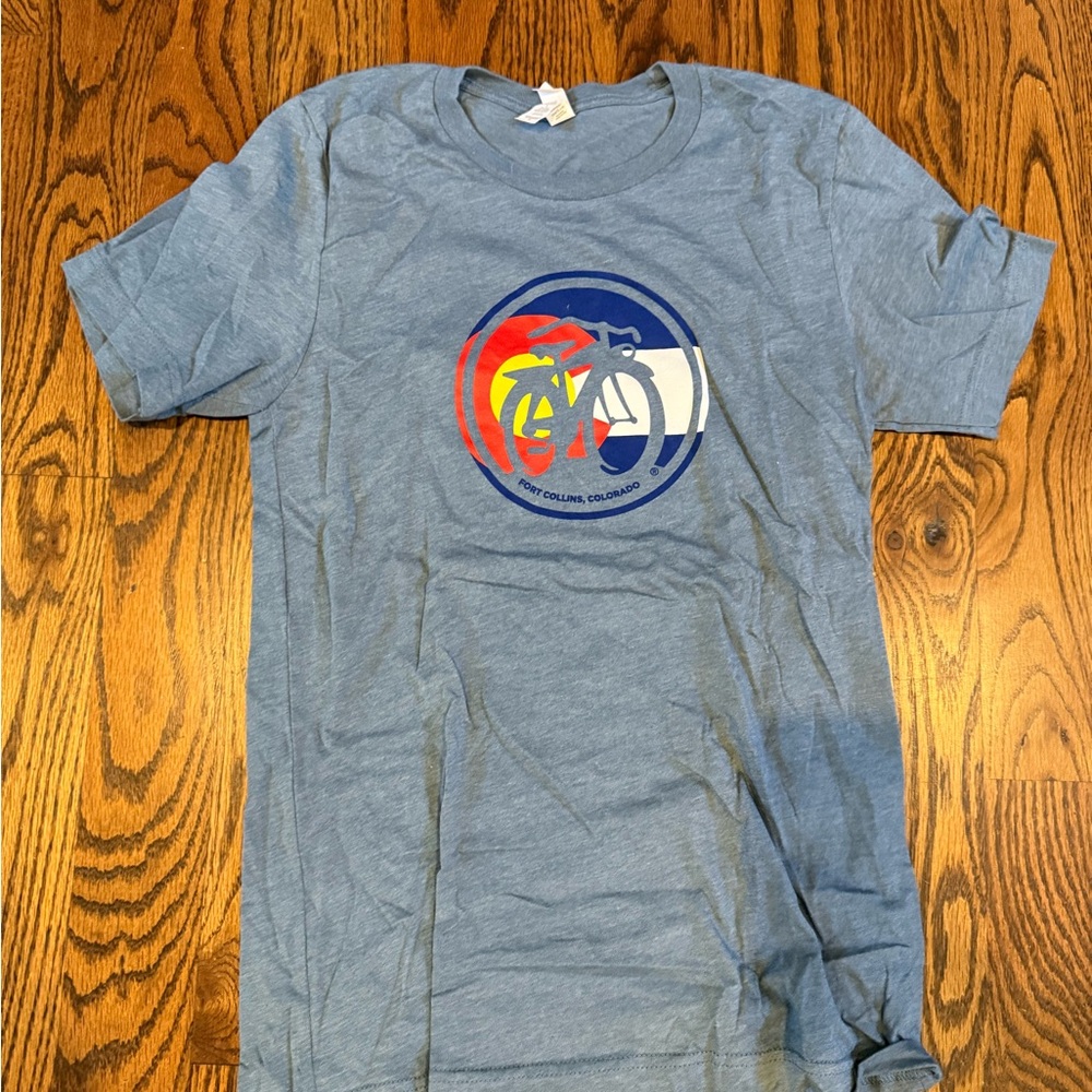 New Belgium fat tire beer Blue Tee with Bicycle Graphic